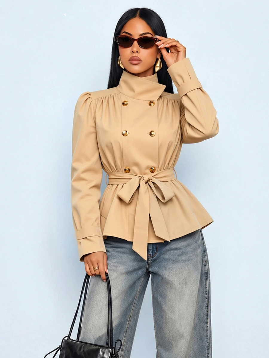 SOLERSUN Women's Solid Color Pleated Waist Knot Casual Versatile Trench Coat Jacket - Khaki - View 1