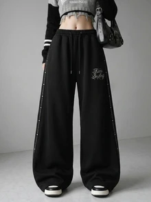 FRIFUL Women's Casual Letter Drawstring Loose Sweatpants - Black - View 7
