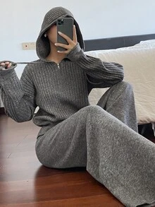 Livesso Women's Solid Color Drop Shoulder Long Sleeve Hoodie Sweater And Knit Pants Casual Set - Dark Grey - View 6