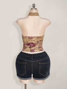 SHEIN ICON 大尺碼 Y2K 夏季外出波西米亞西式鄉村音樂會女款性感露背花卉印花掛脖上衣 - 卡其色 - 查看 2