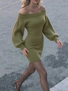 INAWLY Army Green Knit Off-Shoulder Sexy Elegant Date Night Dress - Army Green - View 3