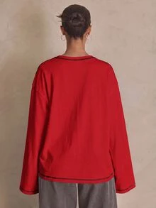 MUSERA 水洗寬鬆長袖上衣 夏季運動休閒日常街頭風 春季街頭穿搭 - 紅色 - 查看 3