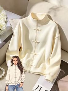 GlowEve CURVE Plus Size Women Solid Color Frog Button Placket Casual Long Sleeve Sweatshirt Winter - White - View 1