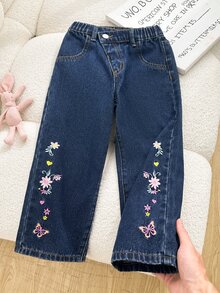 SHEIN 1件女童休閒學院風丹寧直筒花卉長褲 - 深色水洗藍 - 查看 1
