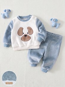 SHEIN 新生兒 2 件套保暖刷毛愛心圖案運動衫與長褲套裝，可愛柔軟，適合秋冬 - 藍色 - 查看 8