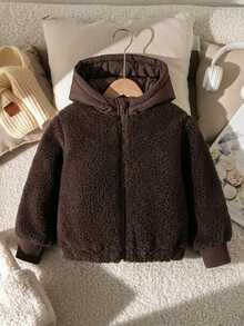 Young Girl Zipper Casual Versatile Winter Hooded Padded Coat - Brown - View 2