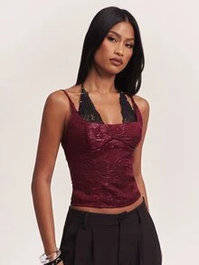 SHEIN BAE ملابس علوية نسائية بدون أكمام بياقة معلقة من الدانتيل المنسوج بتصميم متباين عصري - عنابي اللون - مشاهدة 3