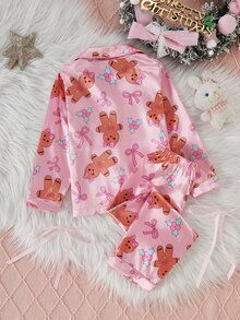 Young Girl Autumn/Winter Christmas Pajamas 2pcs Gingerbread Man Satin Button Long Sleeve Pants Lapel Print Girls - Multicolor - View 2