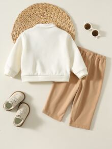 SHEIN 2件組 嬰兒男童/女童對比色襯衫領休閒學院風長袖套頭上衣＋鬆緊腰長褲 秋冬兩件套 - 彩色 - 查看 2