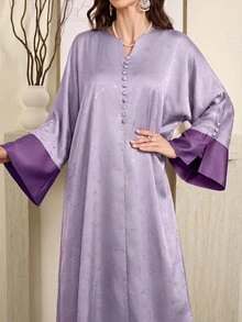 Al Najma 女款V領撞色喇叭袖阿拉伯風長洋裝，端莊優雅風格全身長裙，適合外出穿著 - 紫色 - 查看 3
