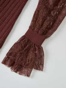 LUMIGAL Women's Lace Patchwork Front Slit Sweater Dress - Coffee Brown - View 1