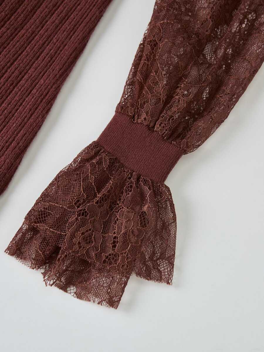 LUMIGAL Women's Lace Patchwork Front Slit Sweater Dress - Coffee Brown - View 1