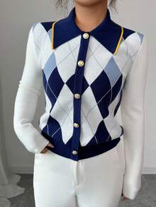 Elenzga Elegant Blue & White Argyle Pattern Turndown Collar Faux Placket Long Sleeve Knit Sweater, Suitable For Commuting And Everyday Wear, Autumn/Winter - Blue and White - View 3