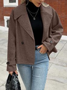 Struktiv Women's Large Lapel Decorative Button Long Sleeve Wool Coat - Coffee Brown - View 6