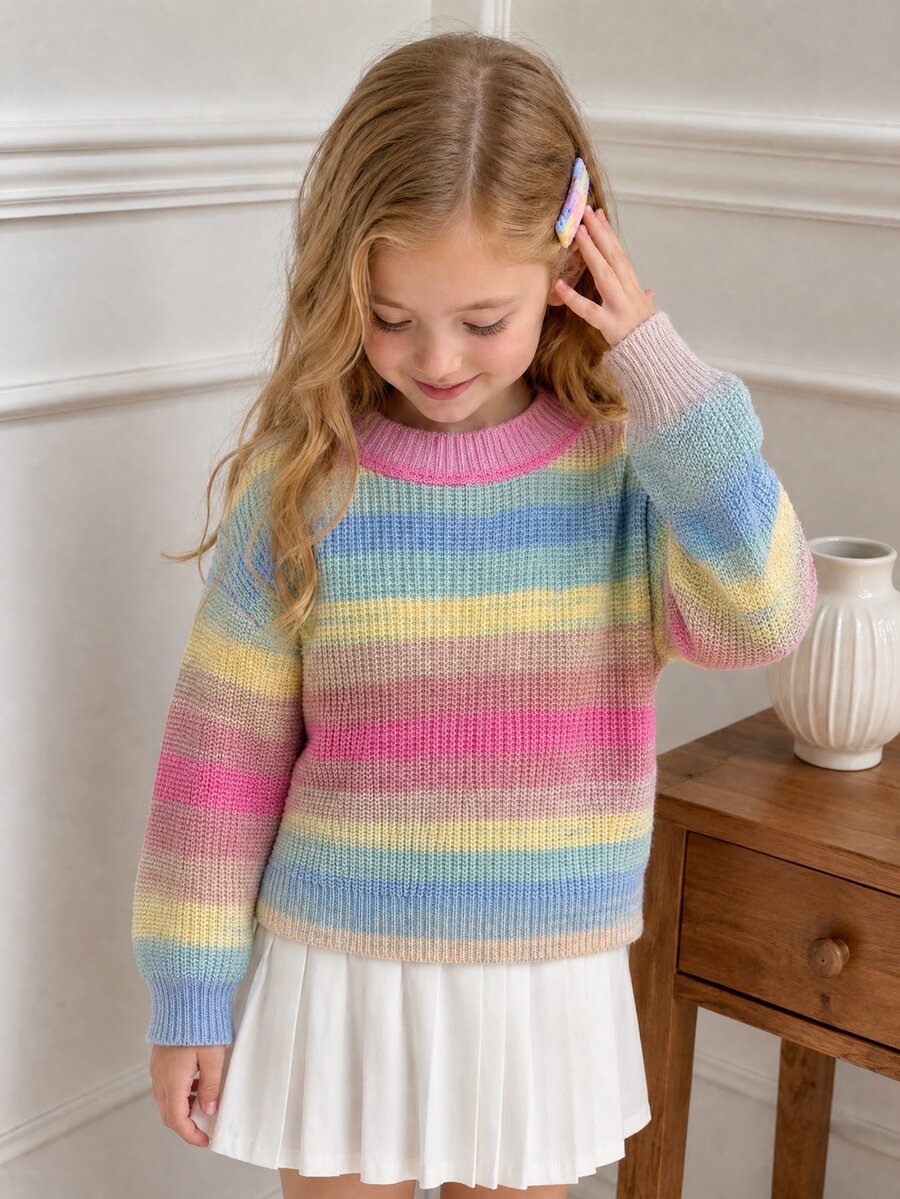 SHEIN New Fashion Versatile Cute Colorful Gradient Purple-Red Pullover Sweater For Girls, Suitable For School, Parties, Ceremonies, Outings, Spring/Summer And Autumn/Winter - Multicolor - View 1