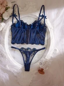 Crystal Vow 2件組 酒紅色玫瑰刺繡鋼圈內衣與內褲套裝 女款 - 藍色 - 查看 2