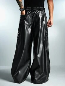 ROMWE MEN Men's PU Loose Wide Leg Long Pants - Black - View 3