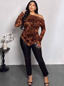 Firerie Plus Size Women's All-Over Print One-Shoulder Ruched Casual Daily T-Shirt - Multicolor - View 7