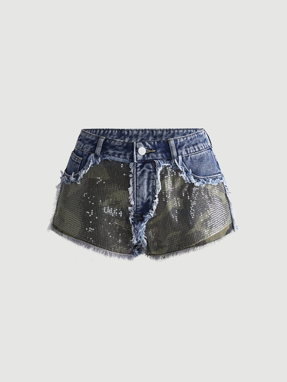 ROMWE Grunge Punk Women's Y2K Camo Sequin Denim Shorts, Low Waist Vintage Washed Hot Pants, Camo Print Frayed Hem Design, Blue Washed Denim Low Waist Mini Shorts