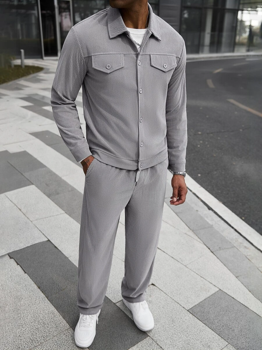 Manfinity CasualCool Men's American Vintage Textured 2 Pieces Set, Lapel Button Jacket And Straight Leg Loose Casual Mature Outfit - Grey - View 1
