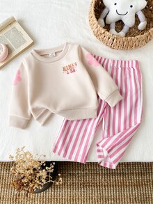 SHEIN 2件組女嬰可愛「MAMA'S GIRL」字母花朵印花套頭上衣搭配粉色條紋長褲休閒套裝 秋冬款 - 粉色 - 查看 2