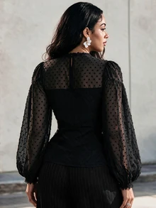 Eryvara Women's Fashion Round Neck Beaded Lace Placket Lantern Sleeve Casual Top, Suitable For Daily Commute And Date Outfits - Black - View 2