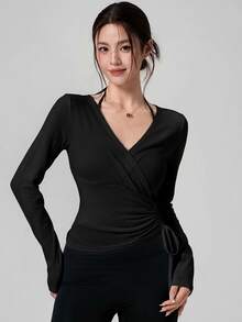 DAZY 秋季韓風黑色短袖上衣，抽繩腰帶設計，斜前開襟，頸部飾帶，女士運動長袖T恤 - 黑色 - 查看 1