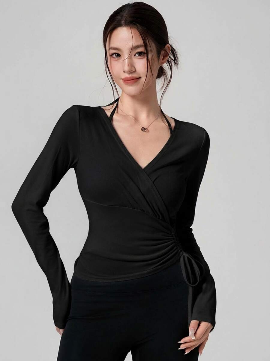 DAZY 秋季韓風黑色短袖上衣,抽繩腰帶設計,斜前開襟,頸部飾帶,女士運動長袖T恤 - 黑色 - 查看 1