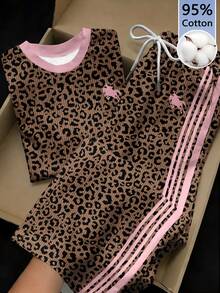 Comfortcana Women's Leopard Print Rider Pattern Short Sleeve Top And Pants Casual Daily 2 Pieces Set - Multicolor - View 1