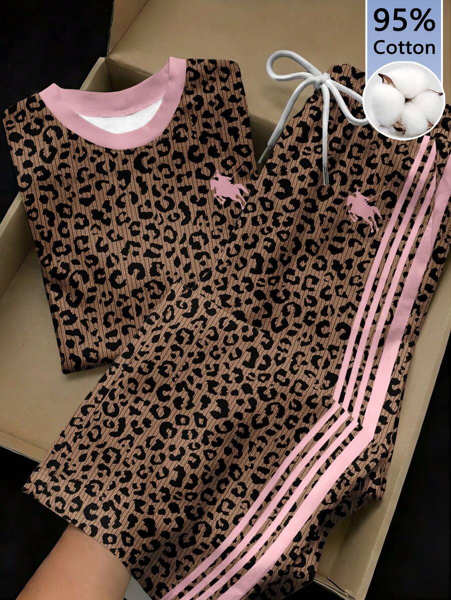 Comfortcana Women's Leopard Print Rider Pattern Short Sleeve Top And Pants Casual Daily 2 Pieces Set - Multicolor - View 1