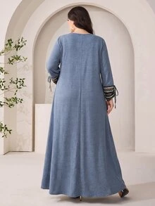 Al Najma Plus Size Women Solid Color Pleated Casual Party Arabian Dress - Dusty Blue - View 2