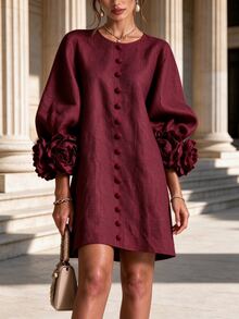 Velvienne Plus Size Women's Vintage Romantic Burgundy Dress, Handmade 3D Floral Cuff Textured Fabric Button-Up Elegant Formal Christening Guest Fall Christmas - Burgundy - View 3