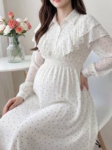 Dazy Maternity 波點寬鬆傘裙襯衫洋裝，荷葉邊飾邊長袖休閒度假日常春秋孕婦洋裝 - 白色 - 查看 4