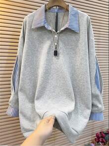 INAWLY Women's Casual Striped Patchwork Sweatshirt, Autumn/Winter - Grey - View 1