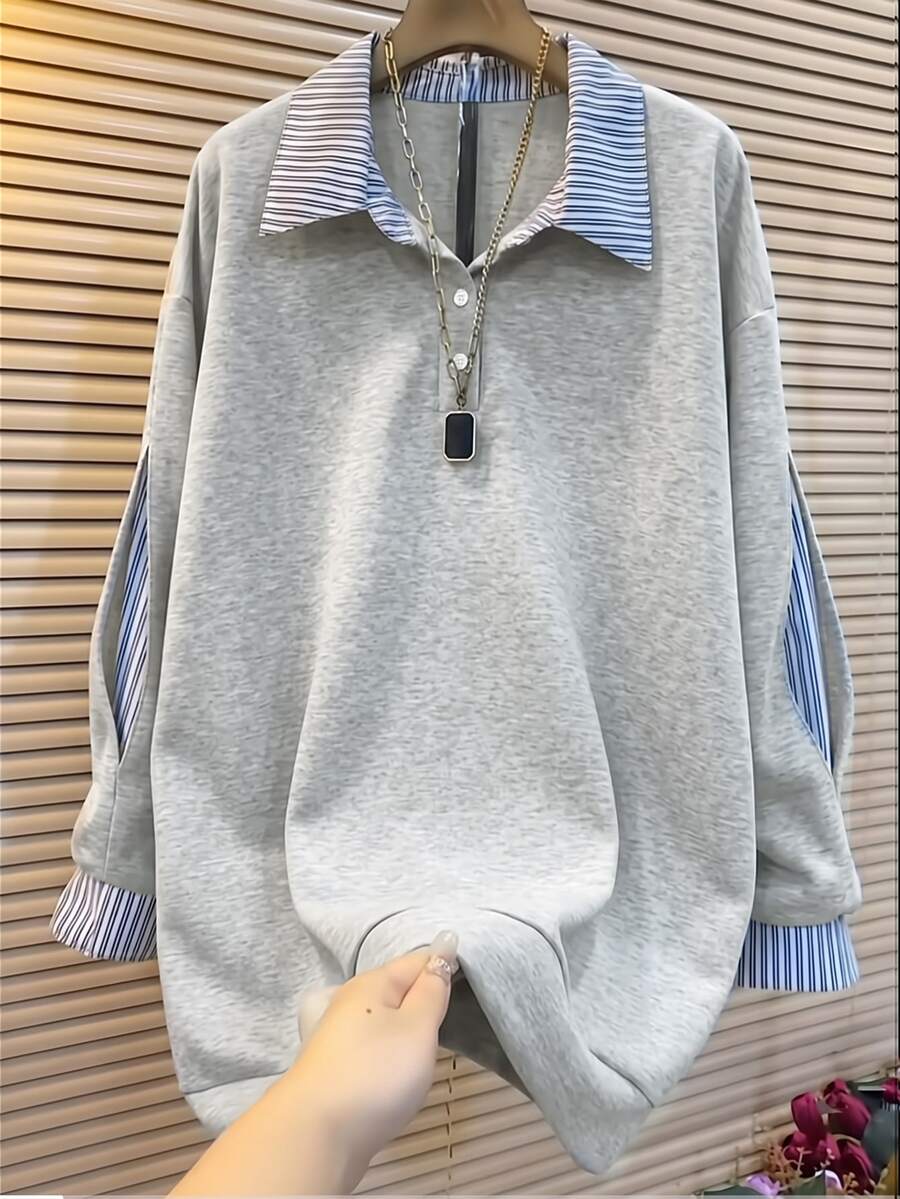 INAWLY Women's Casual Striped Patchwork Sweatshirt, Autumn/Winter - Grey - View 1