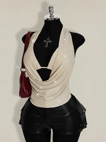SHEIN ICON 大尺碼女款 2 件組夏季外穿亮片露背背心與細肩帶背心，適合海灘、夏威夷派對、返校日、演唱會與夜店 - 杏色 - 查看 5
