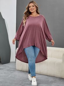 SHEIN CURVE+ 大尺碼女款寬鬆蝙蝠袖不對稱下擺圓領純色彈性舒適休閒夏季上衣，適合秋冬 - 酒紅色 - 查看 6