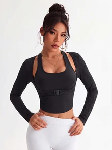 Slayform Slayform Women's Solid Color 2 In 1 Cropped Long Sleeve Sports Top - Black - View 3