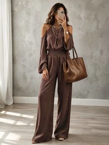 EMERY ROSE Women's Solid Color Ruched Cold Shoulder Casual Daily Wear Jumpsuit Fall/Winter - Brown - View 4