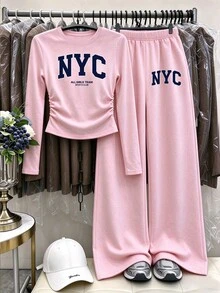 青少年女孩 2 件組 NYC 字母印花長袖上衣與寬腿長褲套裝，粉色海軍藍，秋季服飾 - 彩色 - 查看 4