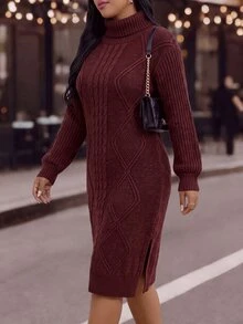 EMERY ROSE فستان كنزة شتوي للنساء بمقاسات كبيرة بياقة عالية وتصميم كابل ملتوي وحافة مشقوقة بطراز عتيق - عنابي اللون - مشاهدة 5