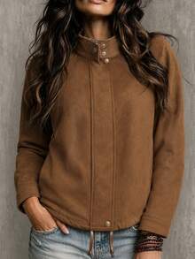 SHEIN American Vintage Premium Texture Drawstring Motorcycle Style Suede Velvet Stand Collar Jacket Short Coat - Khaki - View 3