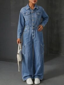 Rivivi Women's Casual Denim Jumpsuit With Pockets For Daily Wear - Blue - View 3