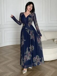 Modelyn Plus Size Women's V-Neck Floral Print Casual Party Dress - Navy Blue - View 1
