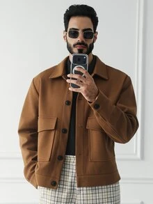 HUEFORM 2026新款男士新年聖誕萬聖節假期禮物設計 極簡優雅百搭休閒時尚 秋冬翻領大口袋毛絨羊毛 - 棕色 - 查看 3