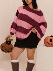 CovetEZ 秋冬萬聖節酒紅色拼色條紋休閒大尺碼套頭毛衣 度假居家穿著 1920年代傳統風 - 粉色 - 查看 1