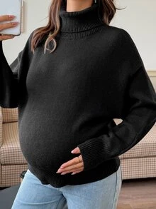 Dazy Maternity Solid Color Loose High Neck Casual Daily Korean Style Autumn/Winter Knit Sweater For Pregnant Women - Black - View 3