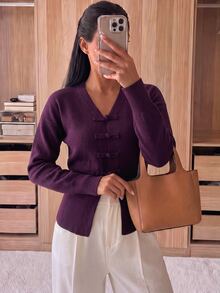 Mulvari Women's V-Neck Design Frog Button Autumn/Winter Long Sleeve Cardigan Burgundy Vintage Fall/Winter Christmas Going Out - Purple - View 4