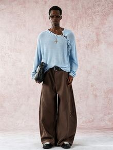 STYNVO Men's Loose Fit Eyelet Lace-Up Design Long Sleeve Sweater, Autumn, Fall - Baby Blue - View 3
