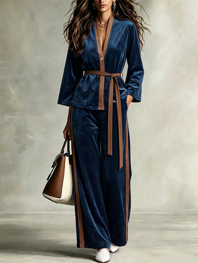 Omancia Women's Velvet Fabric Patchwork Design Stand Collar V-Neck Cinched Waist Belt Tie Design Loose Straight Leg Pants With Pockets Design Top High-End Elegant Outfit Casual Style Bohemian Style High Aura Outfit Back To School Season Autumn Clothing Autumn Top Autumn Pants Autumn New Arrival Essential Fashion Set Niche Design Versatile Style Women's Three-Quarter Sleeve Top Straight Leg Pants